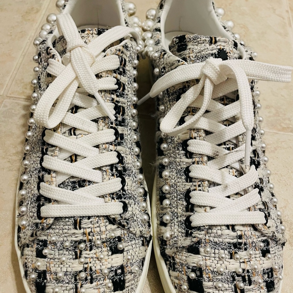 Stuart Weitzman Black and White Tweed Pearl Sneakers